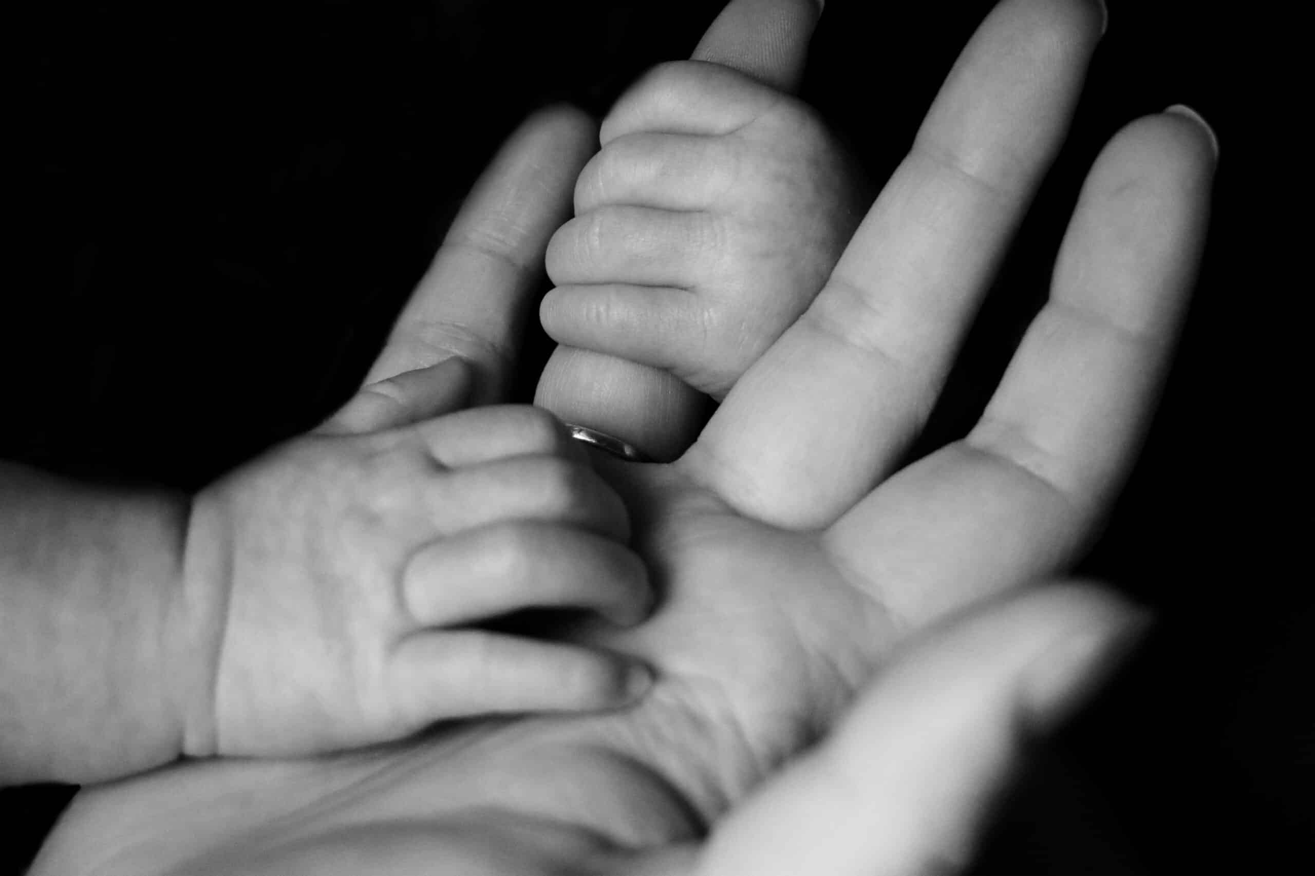 Two baby hands hold onto the hand of an adult